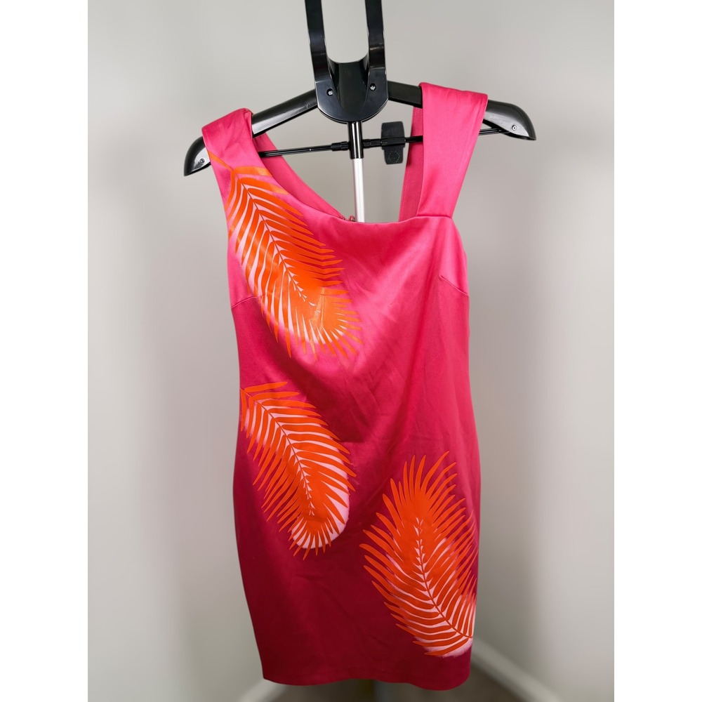 Cache Vintage Pink Orange Tropical Palm Leaf Sheath Dress Size 8 Summer Cocktail